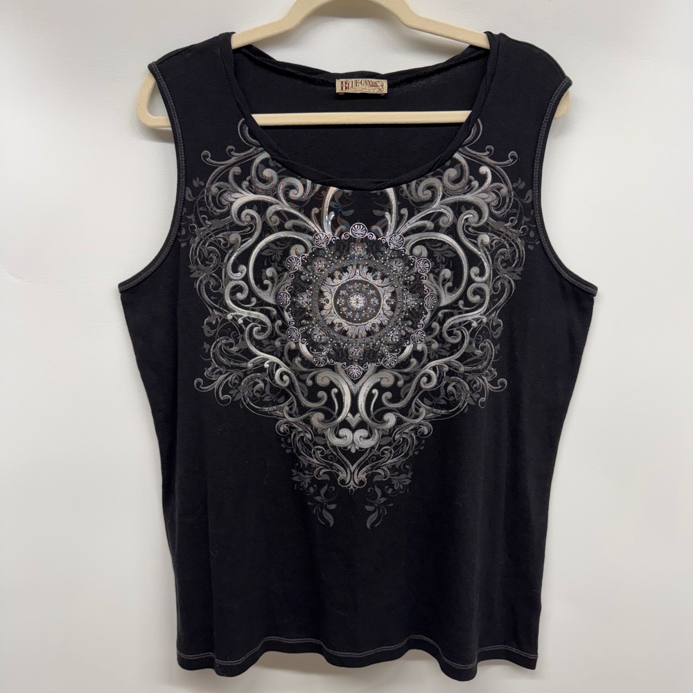 Vintage Blue Canyon Clothing‎ Women's Black Tank Top Embellished Graphic XL Y2K